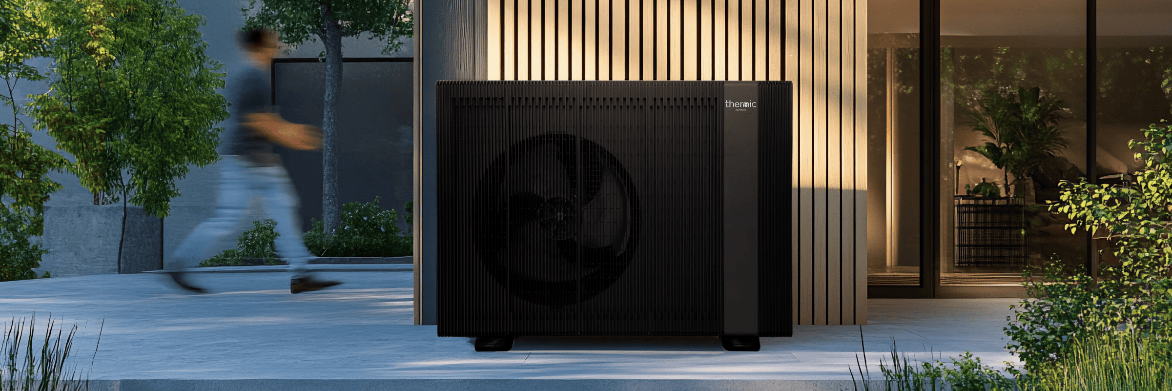 ELDA heat pump next to a contemporary home.